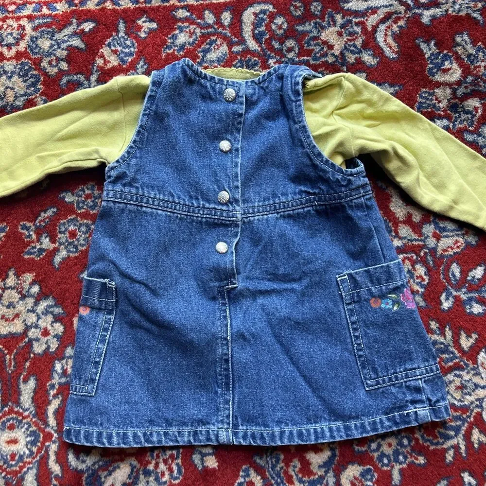 Vintage 90s Y2K Childrens Place Denim Baby Girl Dress Set 6-9 Months Flowers